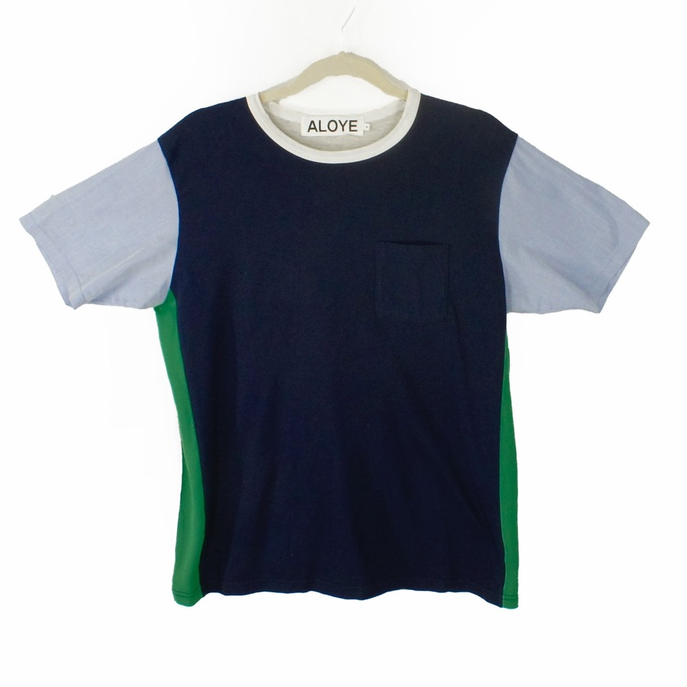 Aloye Japan Navy Blue Color Block Short Sleeve Shirt Top